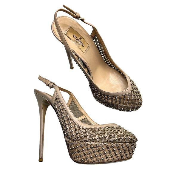 Valentino Shoes - Valentino Studded Lattice Mesh Slingback Platform Pumps Stilettos Size 39 Nude